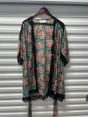 Dior Floral Lace-Trim Kimono Cardigan - Teal, Rose, Black